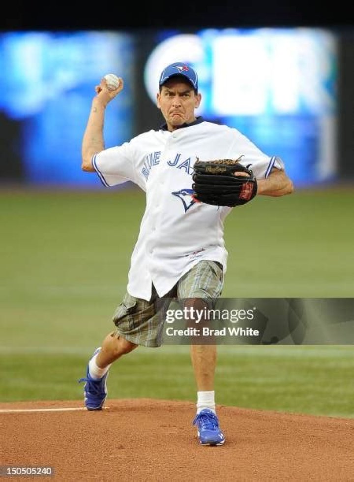 Charlie Sheen throwing the first pitch at an MLB game.